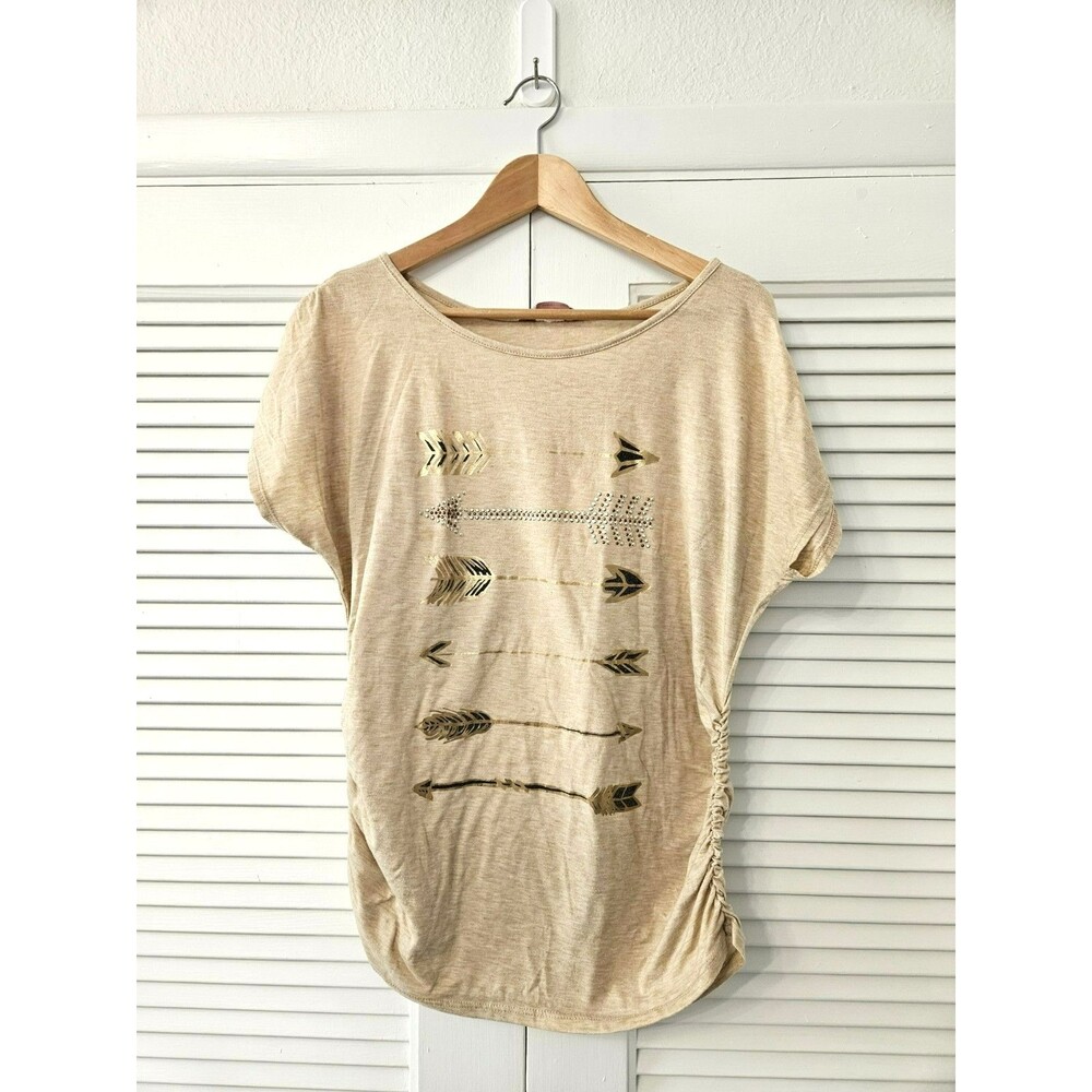SJS Womens T-Shirt Tan Gold Arrows Studded Metallic Boho XL Ruched Side Hem